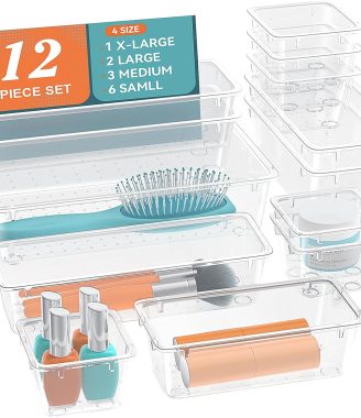 12 PCS Drawer Organizer Set, 4 Sizes Storage Drawer Units, Clear Plastic Makeup Vanity Organizer and Storage Bins for Makeup, Stationeries, Multiple Gadgets for Bathroom, Office, Bedroom