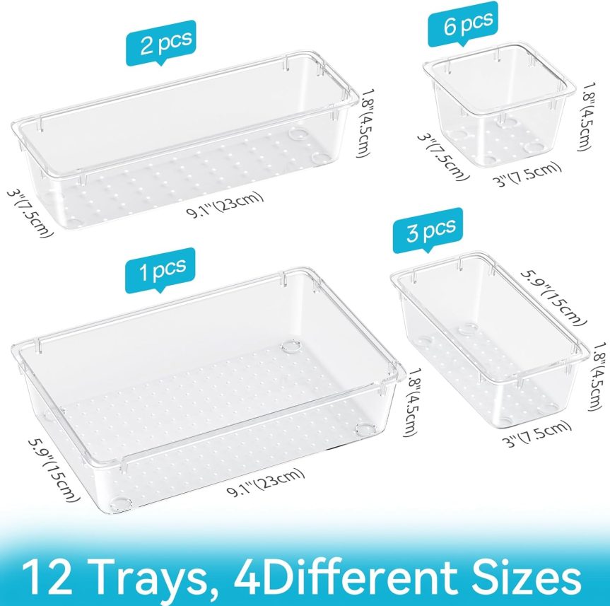 12 PCS Drawer Organizer Set, 4 Sizes Storage Drawer Units, Clear Plastic Makeup Vanity Organizer and Storage Bins for Makeup, Stationeries, Multiple Gadgets for Bathroom, Office, Bedroom - Image 2