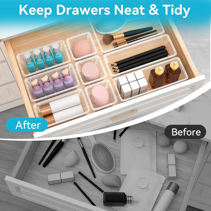 12 PCS Drawer Organizer Set, 4 Sizes Storage Drawer Units, Clear Plastic Makeup Vanity Organizer and Storage Bins for Makeup, Stationeries, Multiple Gadgets for Bathroom, Office, Bedroom - Image 4