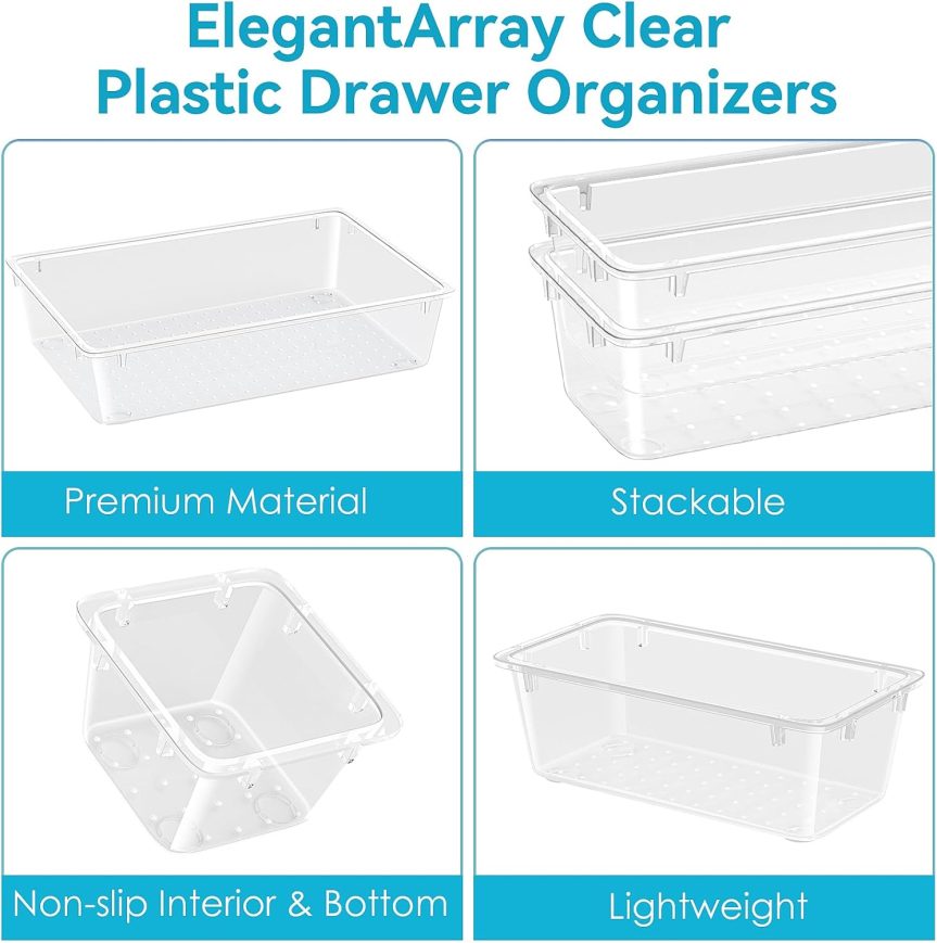 12 PCS Drawer Organizer Set, 4 Sizes Storage Drawer Units, Clear Plastic Makeup Vanity Organizer and Storage Bins for Makeup, Stationeries, Multiple Gadgets for Bathroom, Office, Bedroom - Image 5