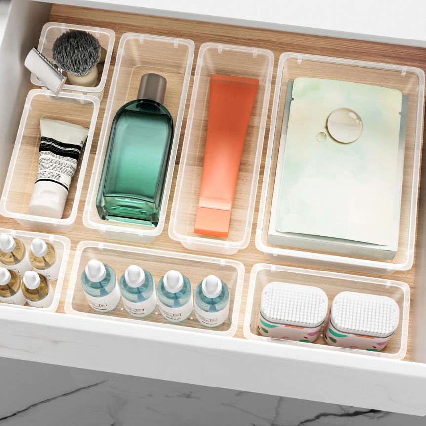 12 PCS Drawer Organizer Set, 4 Sizes Storage Drawer Units, Clear Plastic Makeup Vanity Organizer and Storage Bins for Makeup, Stationeries, Multiple Gadgets for Bathroom, Office, Bedroom - Image 7