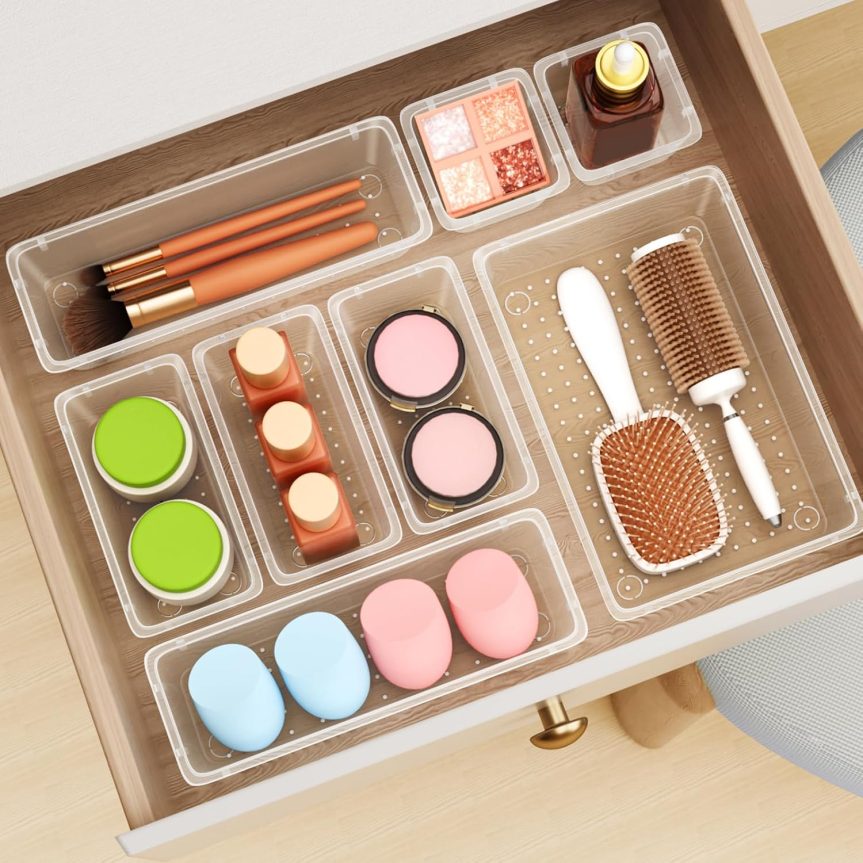 12 PCS Drawer Organizer Set, 4 Sizes Storage Drawer Units, Clear Plastic Makeup Vanity Organizer and Storage Bins for Makeup, Stationeries, Multiple Gadgets for Bathroom, Office, Bedroom - Image 8