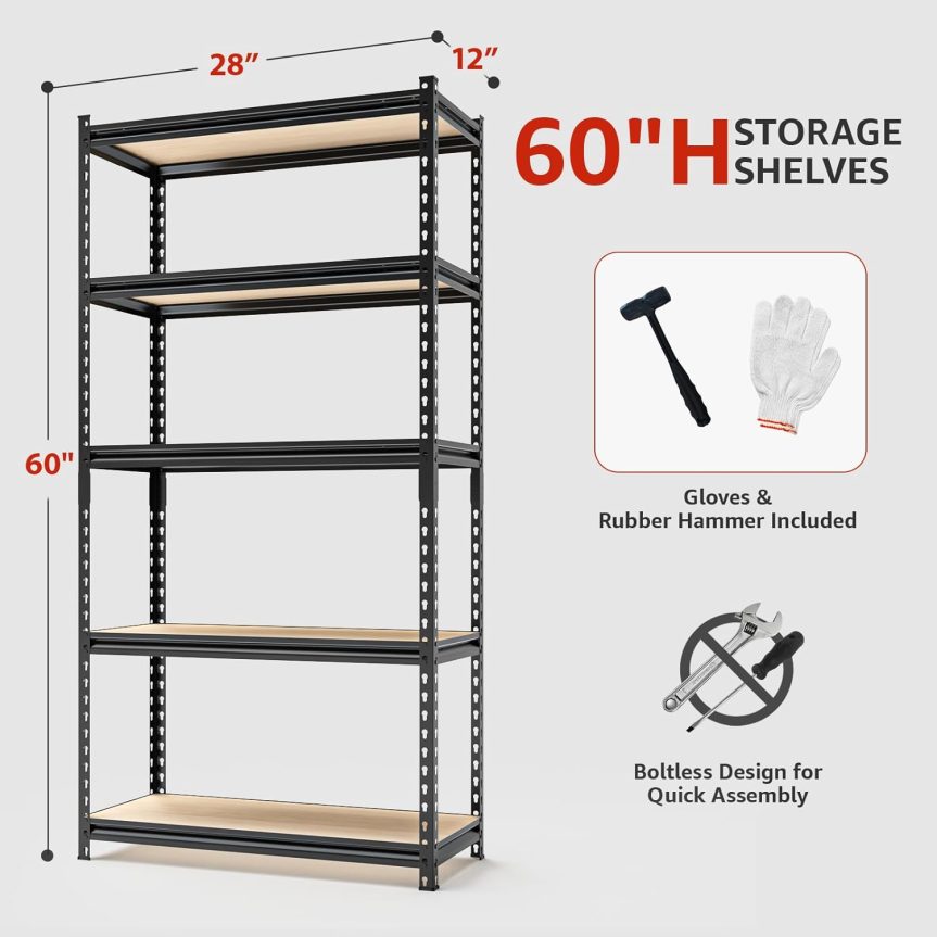 5 Tier Adjustable Heavy Duty Metal Shelving Unit, 60" H x 28" W x 12" D, Utility Rack, Garage Storage Shelves for Kitchen, Basement, Warehouse, Living Room, Classroom, Black - Image 3