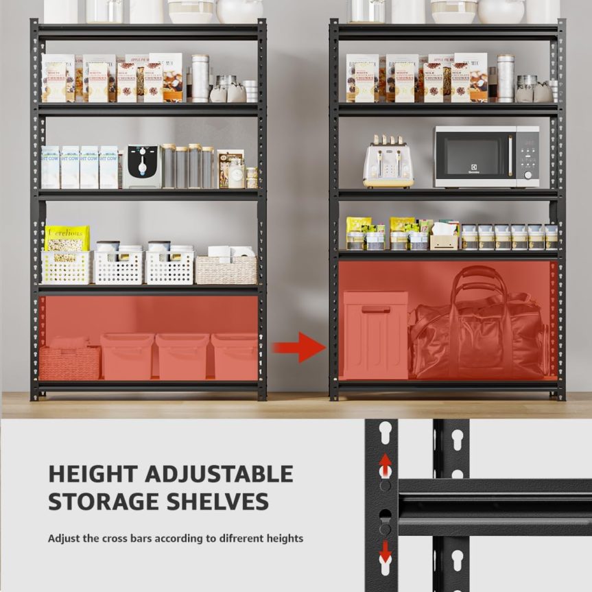 5 Tier Adjustable Heavy Duty Metal Shelving Unit, 60" H x 28" W x 12" D, Utility Rack, Garage Storage Shelves for Kitchen, Basement, Warehouse, Living Room, Classroom, Black - Image 4