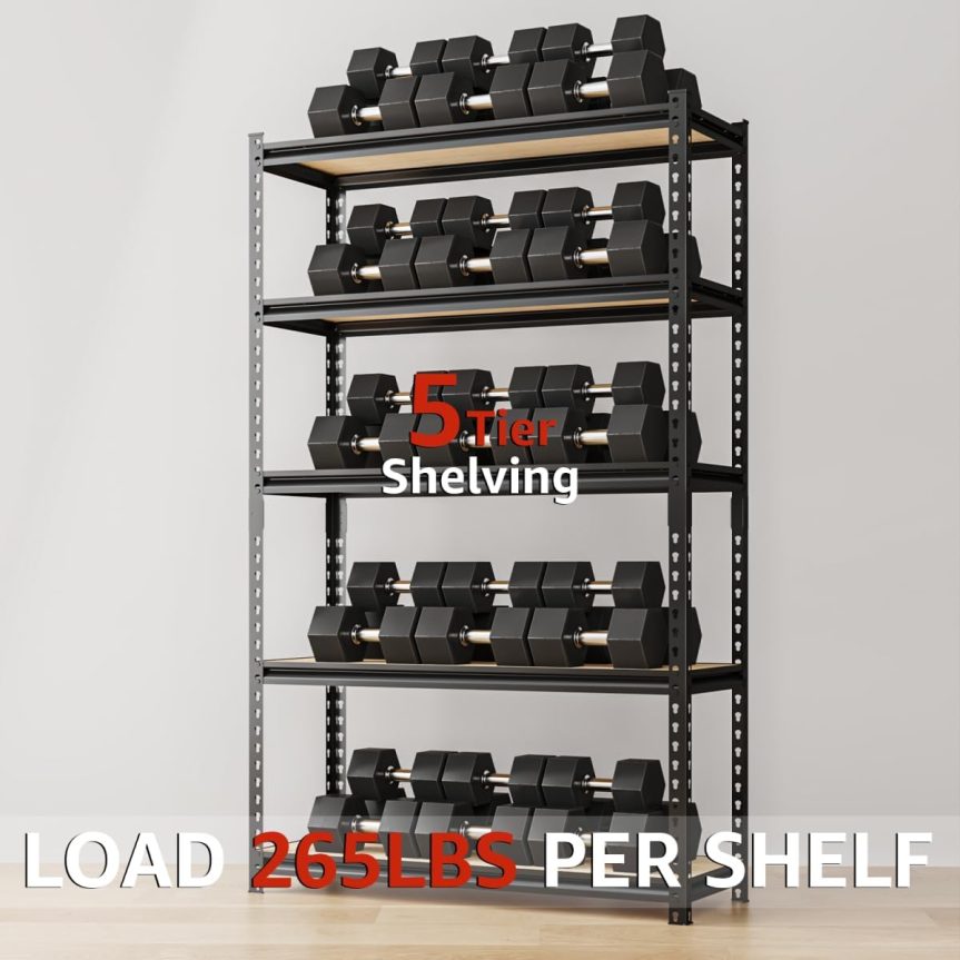 5 Tier Adjustable Heavy Duty Metal Shelving Unit, 60" H x 28" W x 12" D, Utility Rack, Garage Storage Shelves for Kitchen, Basement, Warehouse, Living Room, Classroom, Black - Image 5