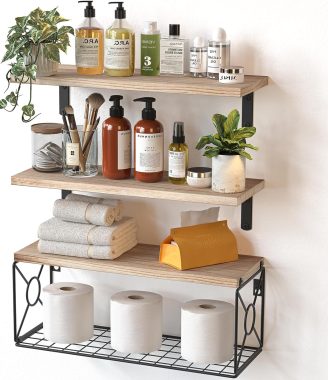 Amada Bathroom Shelves Over Toilet with Storage Basket, Floating Shelves Wall Shelves for Home Organization & Wall Decor, Bathroom/Kitchen/Living Room Shelves–Natural Wood