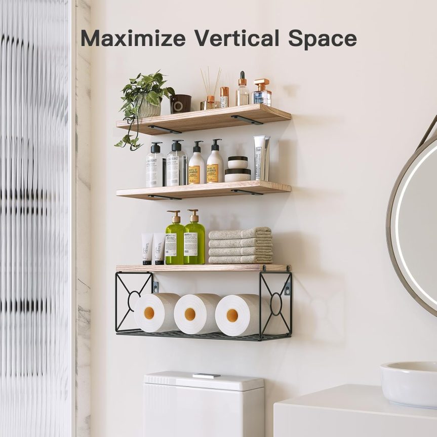 Amada Bathroom Shelves Over Toilet with Storage Basket, Floating Shelves Wall Shelves for Home Organization & Wall Decor, Bathroom/Kitchen/Living Room Shelves–Natural Wood - Image 2
