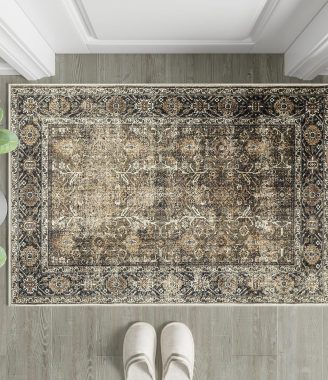 Brown Entryway Rug 2x3 Vintage Area Carpet Indoor Kitchen Washable Door Mat Living Room Entrance Small Low Pile Traditional Distressed Retro Accent Throw Rug Non Slip Office Bathroom