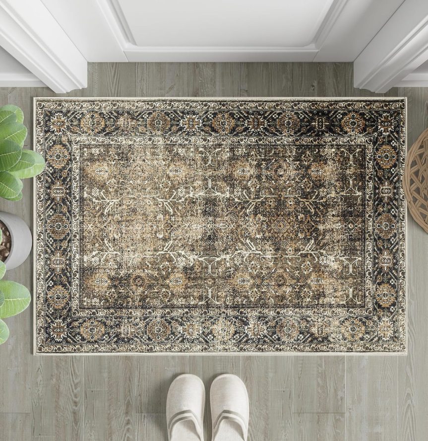 Brown Entryway Rug 2x3 Vintage Area Carpet Indoor Kitchen Washable Door Mat Living Room Entrance Small Low Pile Traditional Distressed Retro Accent Throw Rug Non Slip Office Bathroom