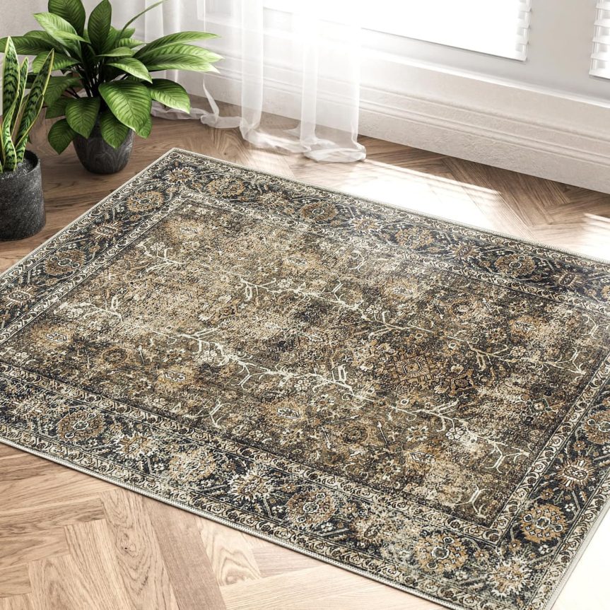 Brown Entryway Rug 2x3 Vintage Area Carpet Indoor Kitchen Washable Door Mat Living Room Entrance Small Low Pile Traditional Distressed Retro Accent Throw Rug Non Slip Office Bathroom - Image 5