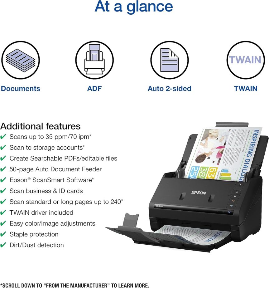 Epson Workforce ES-400 II Color Duplex Desktop Document Scanner for PC and Mac, with Auto Document Feeder (ADF) and Image Adjustment Tools, ES-400 II - Image 6