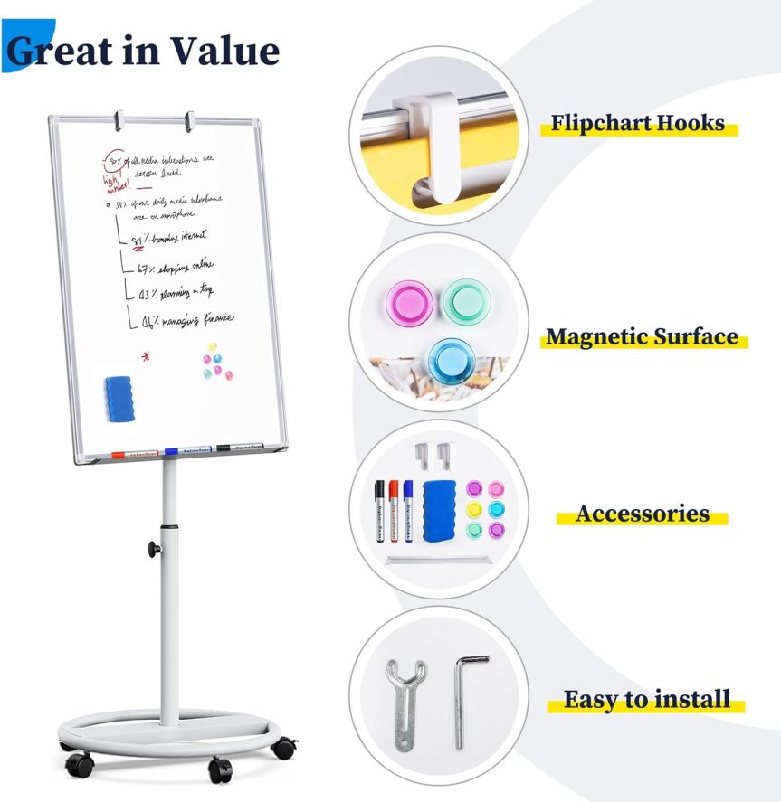 Mobile Whiteboard – 36 x 24 inches Portable Magnetic Dry Erase Board, 3' x 2' Stand Easel White Board Dry Erase Easel Standing Board with Flipchart Hooks - Image 3