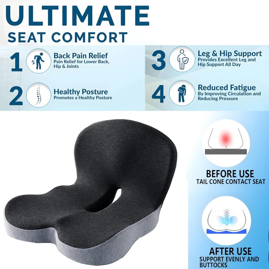 Seat Cushion Memory Foam Pads for Truck Driver Office Chair Cushion Home Chair Cushion Car Non Slip Pad Sitting Ergonomic Cushions for Office Workers Car Drivers (Dark Grey) - Image 4