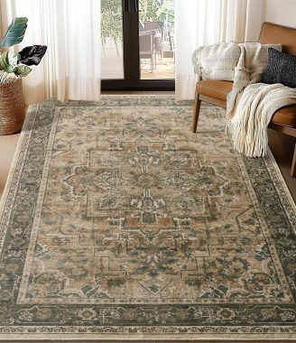 Vintage Distressed 5x7 Area Rugs for Living Room Bedroom Non Slip Washable, Medallion Pattern Printed Low Pile Thin Carpet Rugs for Dining Room/Kitchen/Home Office, Multi Brown/Olive Accents