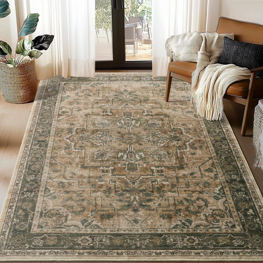 Vintage Distressed 5x7 Area Rugs for Living Room Bedroom Non Slip Washable, Medallion Pattern Printed Low Pile Thin Carpet Rugs for Dining Room/Kitchen/Home Office, Multi Brown/Olive Accents