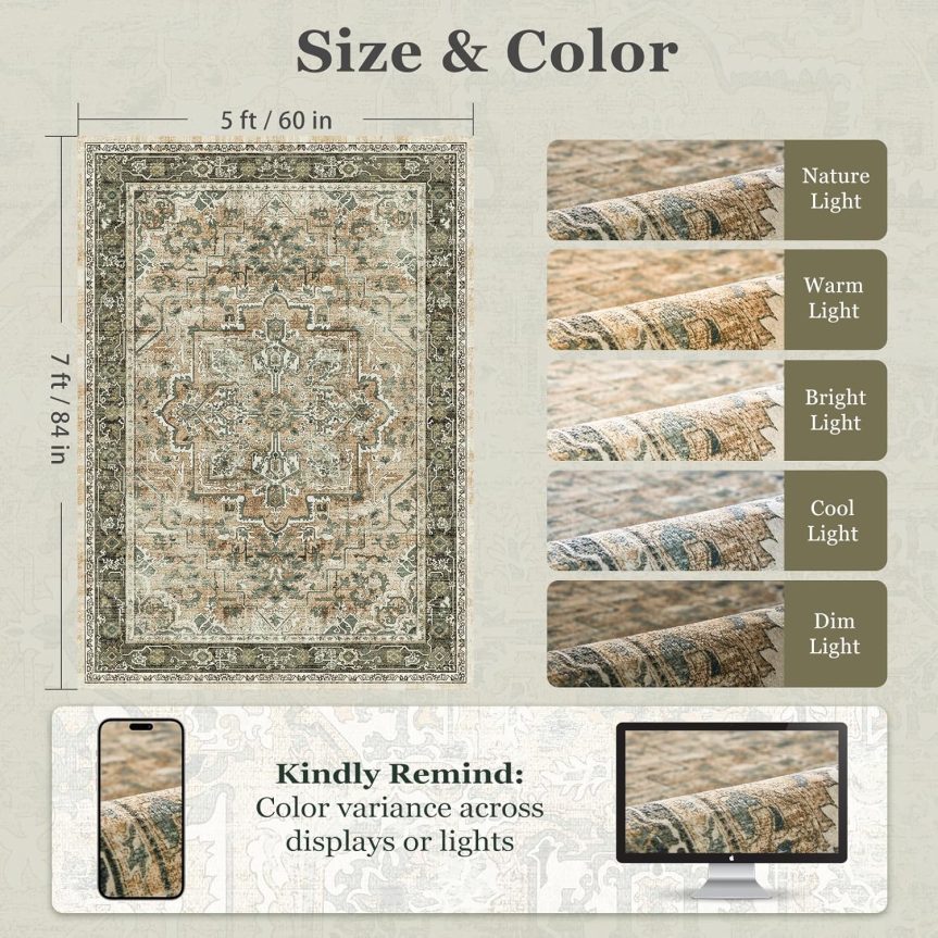 Vintage Distressed 5x7 Area Rugs for Living Room Bedroom Non Slip Washable, Medallion Pattern Printed Low Pile Thin Carpet Rugs for Dining Room/Kitchen/Home Office, Multi Brown/Olive Accents - Image 2
