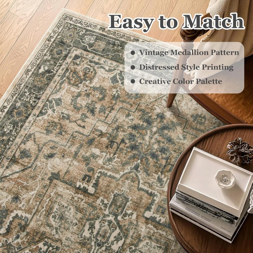 Vintage Distressed 5x7 Area Rugs for Living Room Bedroom Non Slip Washable, Medallion Pattern Printed Low Pile Thin Carpet Rugs for Dining Room/Kitchen/Home Office, Multi Brown/Olive Accents - Image 3