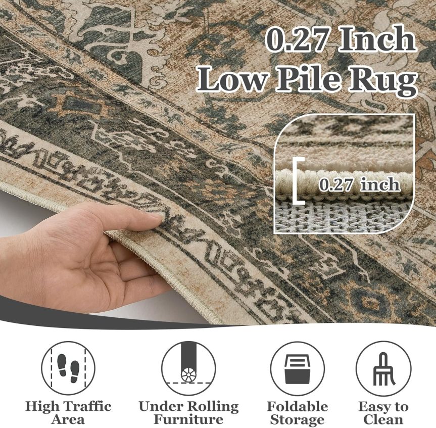 Vintage Distressed 5x7 Area Rugs for Living Room Bedroom Non Slip Washable, Medallion Pattern Printed Low Pile Thin Carpet Rugs for Dining Room/Kitchen/Home Office, Multi Brown/Olive Accents - Image 4