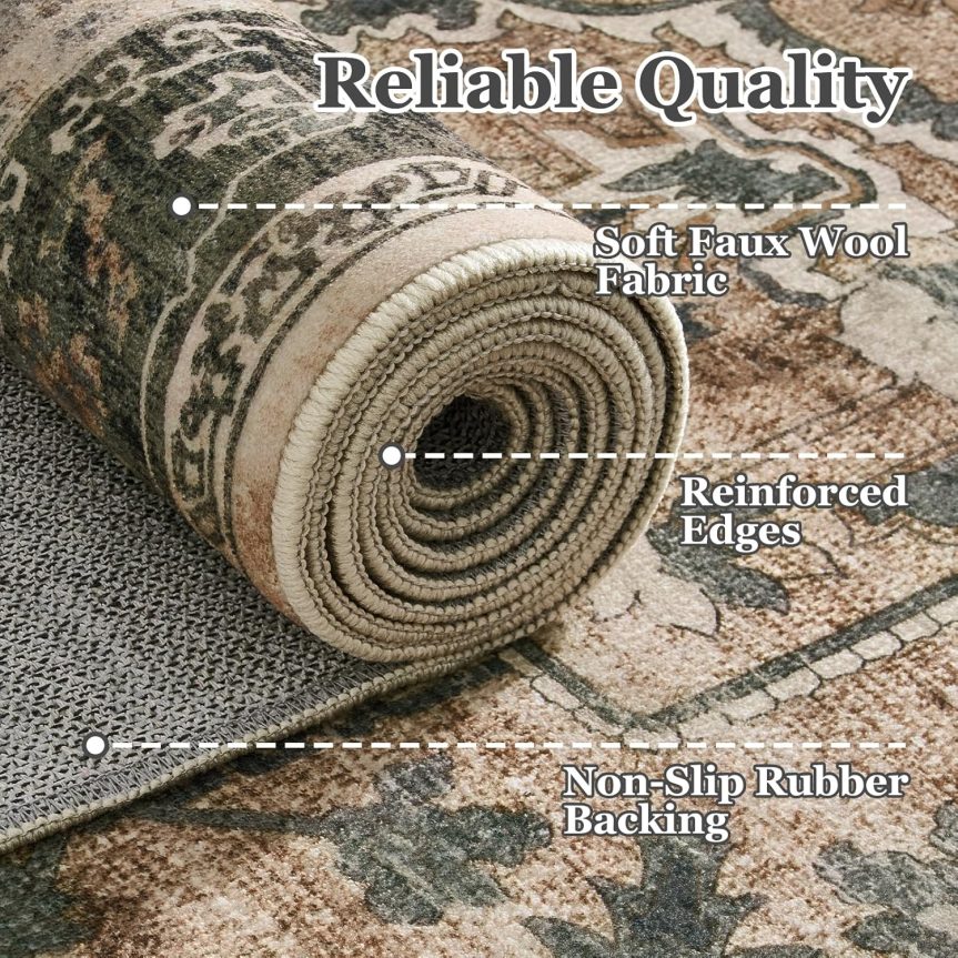 Vintage Distressed 5x7 Area Rugs for Living Room Bedroom Non Slip Washable, Medallion Pattern Printed Low Pile Thin Carpet Rugs for Dining Room/Kitchen/Home Office, Multi Brown/Olive Accents - Image 5