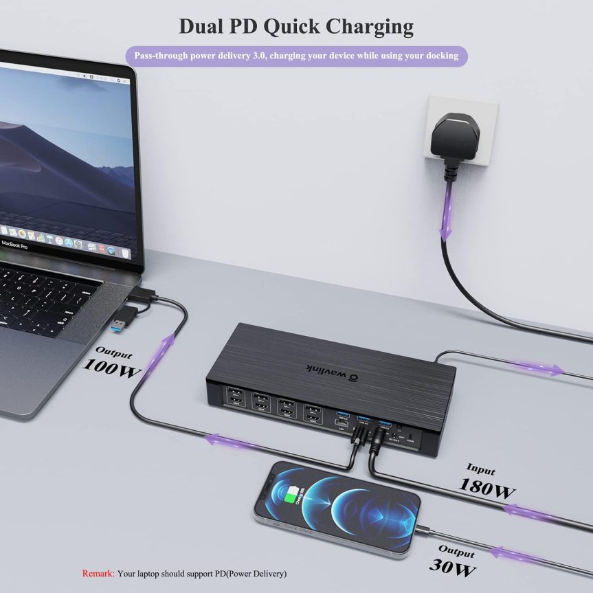 WAVLINK DisplayLink Laptop Docking Station - Quad Monitor 5K/4K@60Hz, 100W Charging - Thunderbolt 4/3, USB-C/A - M1 M2 Mac/Windows/Chrome/Ubuntu - 4 HDMI, 4 DP, 180W Power, SD 4.0 CR, 2.5Gbps LAN - Image 4