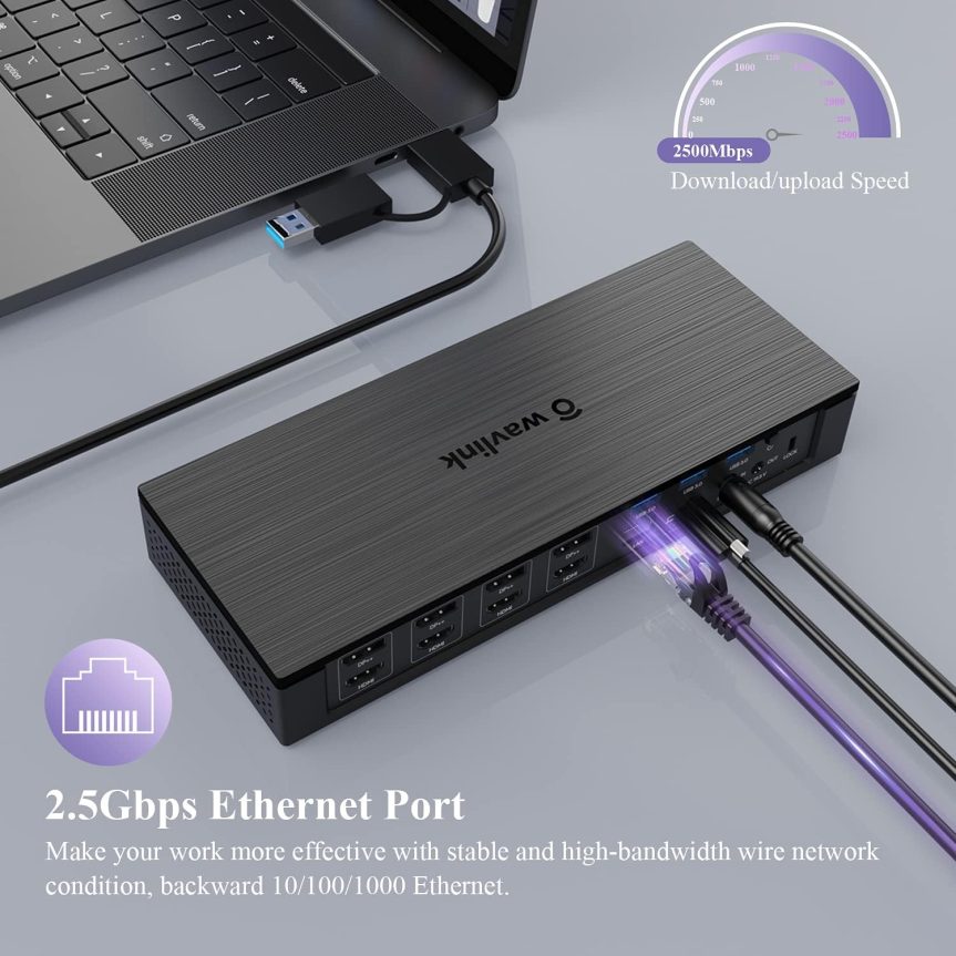 WAVLINK DisplayLink Laptop Docking Station - Quad Monitor 5K/4K@60Hz, 100W Charging - Thunderbolt 4/3, USB-C/A - M1 M2 Mac/Windows/Chrome/Ubuntu - 4 HDMI, 4 DP, 180W Power, SD 4.0 CR, 2.5Gbps LAN - Image 6