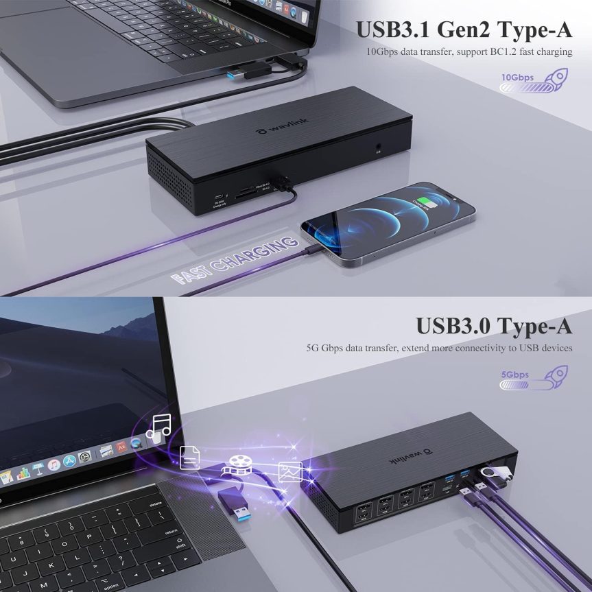 WAVLINK DisplayLink Laptop Docking Station - Quad Monitor 5K/4K@60Hz, 100W Charging - Thunderbolt 4/3, USB-C/A - M1 M2 Mac/Windows/Chrome/Ubuntu - 4 HDMI, 4 DP, 180W Power, SD 4.0 CR, 2.5Gbps LAN - Image 7