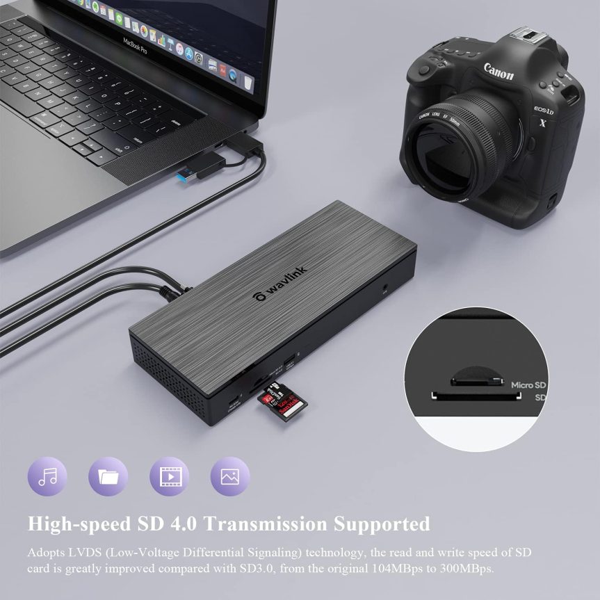 WAVLINK DisplayLink Laptop Docking Station - Quad Monitor 5K/4K@60Hz, 100W Charging - Thunderbolt 4/3, USB-C/A - M1 M2 Mac/Windows/Chrome/Ubuntu - 4 HDMI, 4 DP, 180W Power, SD 4.0 CR, 2.5Gbps LAN - Image 9