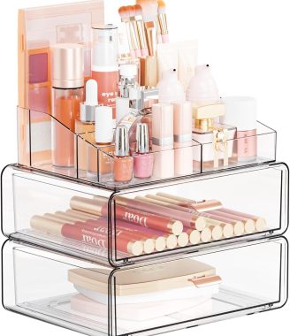 Yieach Clear Acrylic Makeup Organizer Countertop With Drawer,3 Tier Large Skincare Organizer for Vanity,Plastic Bathroom Cosmetic Storage Organizer for Lipstick,Makeup Brush,Palette,Beauty Products
