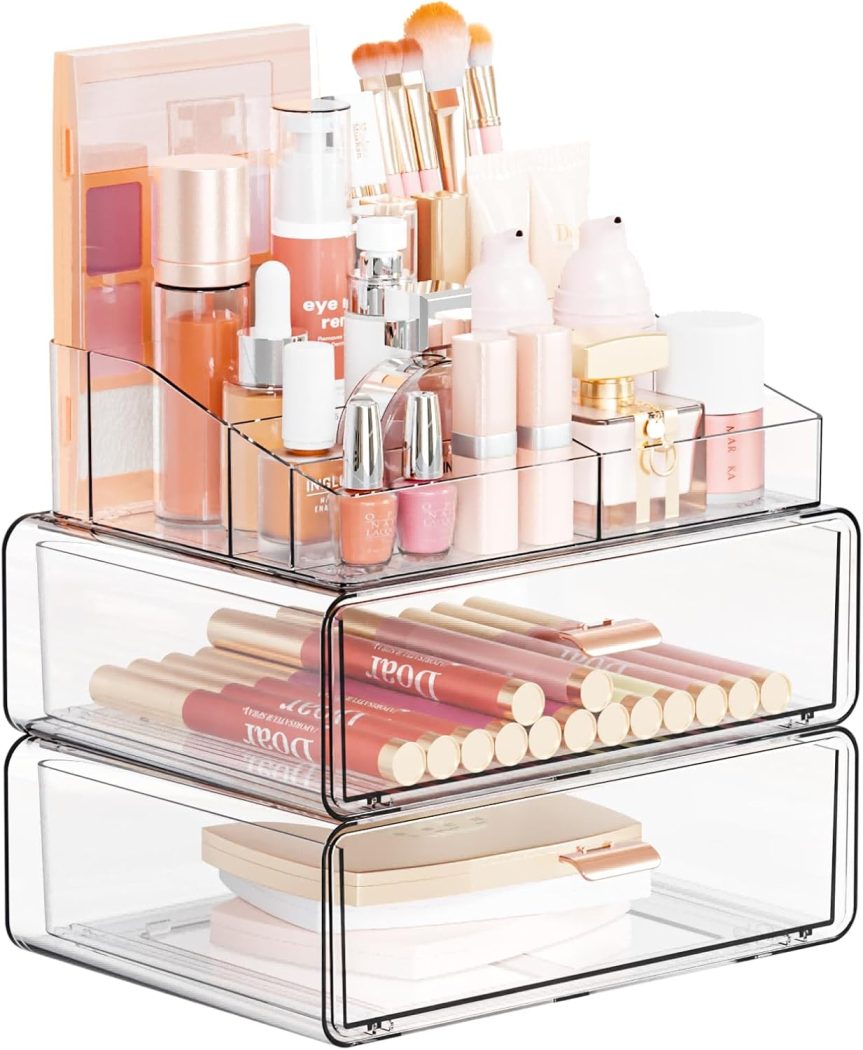 Yieach Clear Acrylic Makeup Organizer Countertop With Drawer,3 Tier Large Skincare Organizer for Vanity,Plastic Bathroom Cosmetic Storage Organizer for Lipstick,Makeup Brush,Palette,Beauty Products