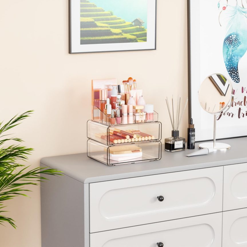 Yieach Clear Acrylic Makeup Organizer Countertop With Drawer,3 Tier Large Skincare Organizer for Vanity,Plastic Bathroom Cosmetic Storage Organizer for Lipstick,Makeup Brush,Palette,Beauty Products - Image 2