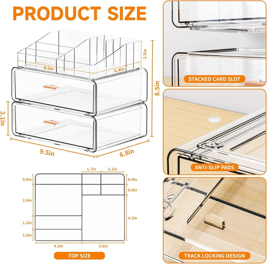 Yieach Clear Acrylic Makeup Organizer Countertop With Drawer,3 Tier Large Skincare Organizer for Vanity,Plastic Bathroom Cosmetic Storage Organizer for Lipstick,Makeup Brush,Palette,Beauty Products - Image 3